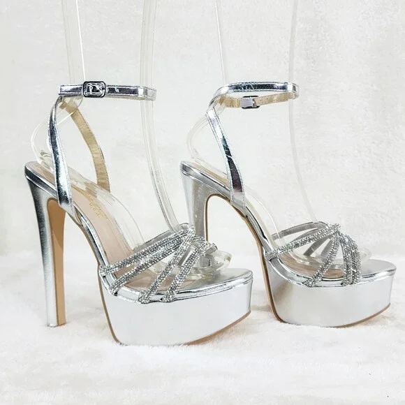 NIB City Nites Silver Platform 6" High Heels Ankle Wrap Shoes Sparkling Rhinest - Picture 4 of 10